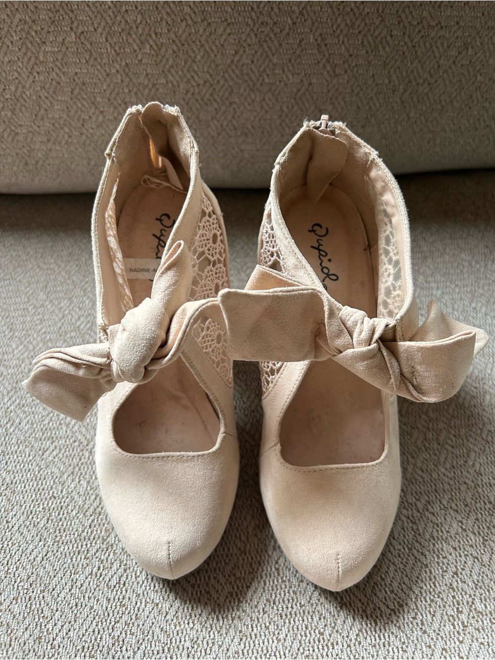 Qupid Cream Lace & Bow Women’s Heels - Elegant Neutral Pumps Suede-Like